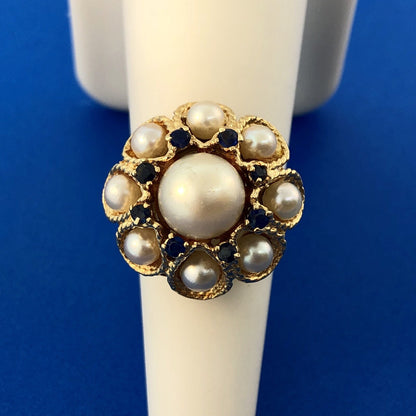 Vintage 14K Yellow Gold Pearl Sapphire Princess Style Cocktail Ring