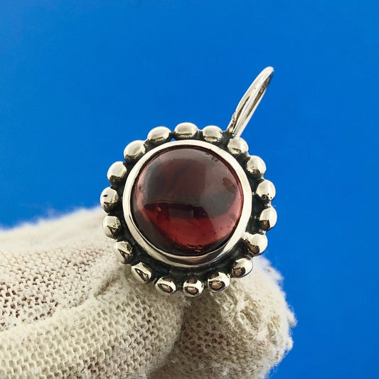 Modernist Sterling Silver Garnet Cabochon Beaded Halo January Occasion Earrings