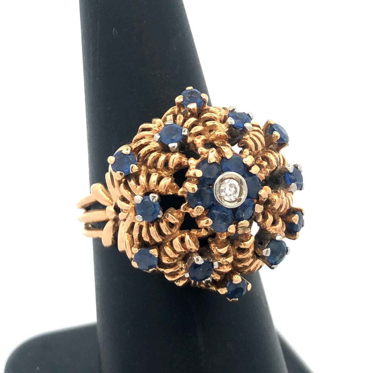 Vintage 18K Yellow Gold Sapphire Diamond Empire Tower Statement Cocktail Ring