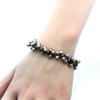 Designer 925 Sterling Silver Bronze Pearl Smoky Topaz Cluster Statement Bracelet