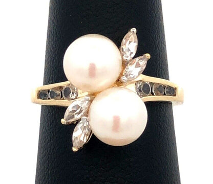 Designer AV 10K Yellow Gold Round White Pearl Duo Marquise Topaz Accent Ring