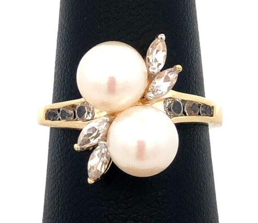 Designer AV 10K Yellow Gold Round White Pearl Duo Marquise Topaz Accent Ring