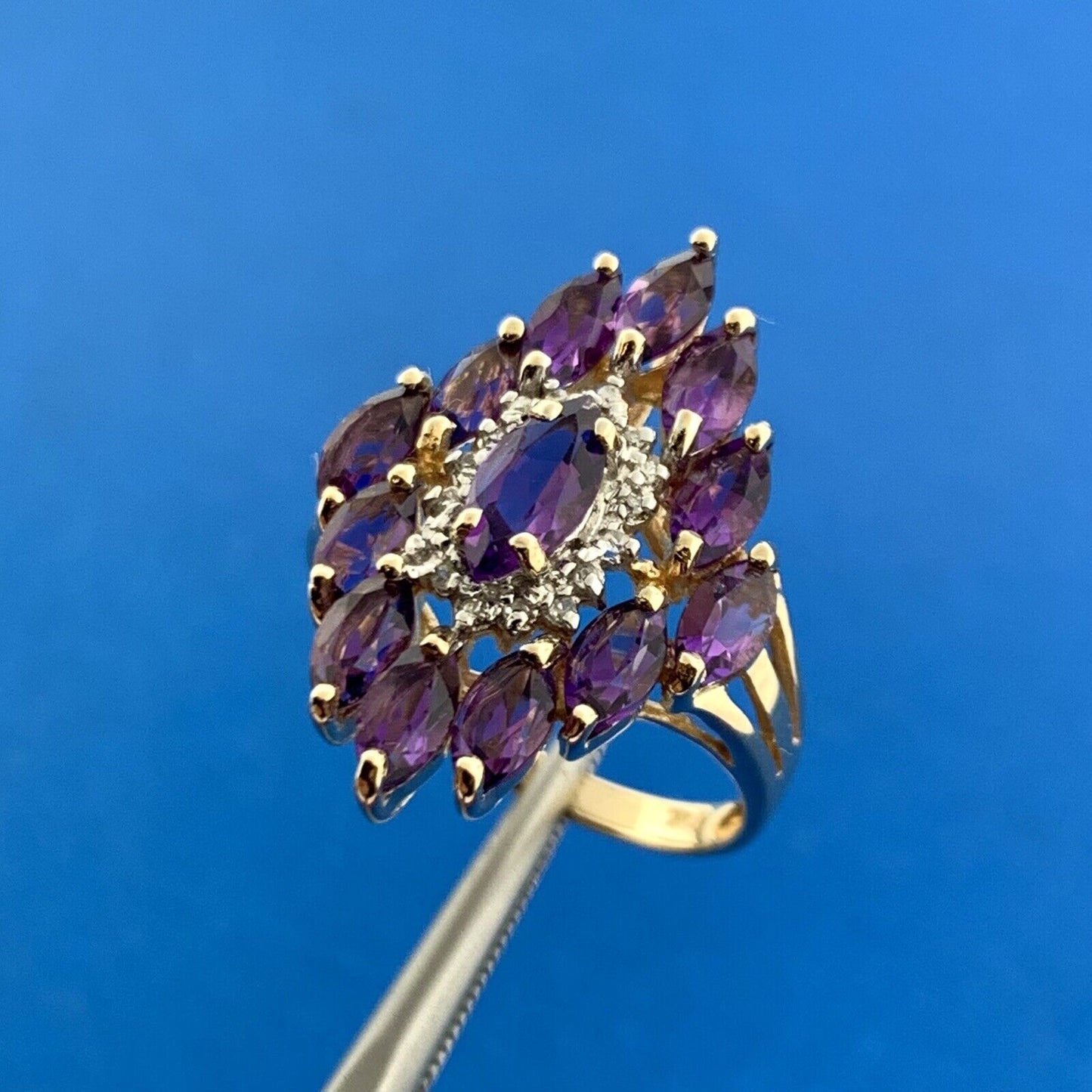 Gorgeous 10k Yellow Gold Marquise Purple Amethyst Diamond Accent Cluster Ring