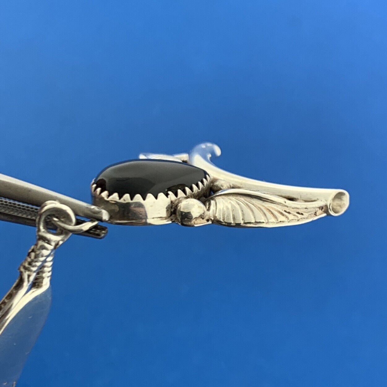 Navajo Designer Eddie Secatero Sterling Silver 925 Onyx Feather Dangle Pendant