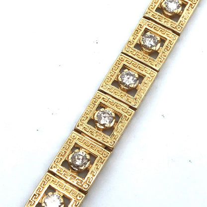 Designer 14K Yellow Gold Round Diamond Square Openwork Panel Tennis Bracelet
