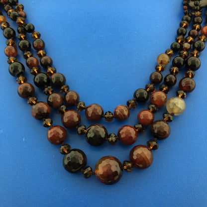 Vintage Designer Hand Knotted Carnelian Obsidian Agate Beaded 3 Tier Necklace