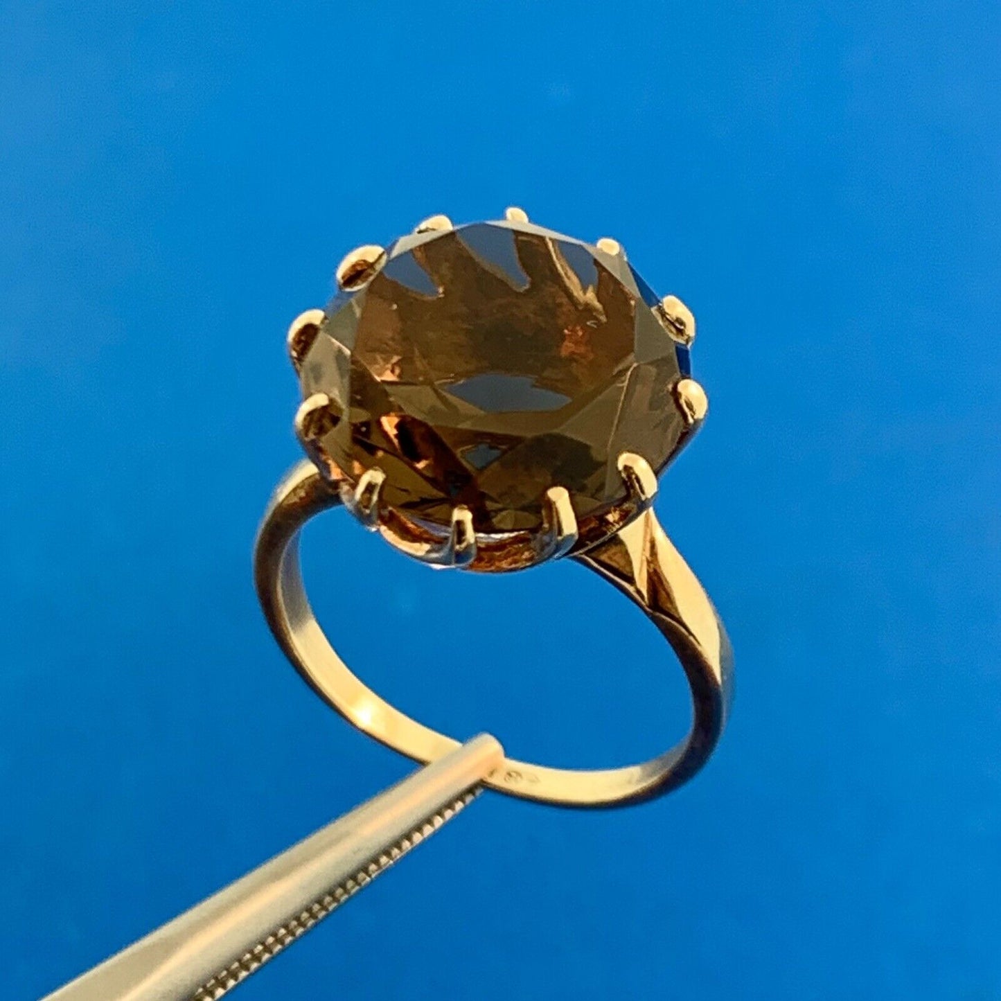 Retro 10K Yellow Gold Smoky Quartz Solitaire Statement Cocktail Ring