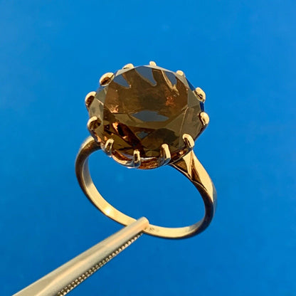 Retro 10K Yellow Gold Smoky Quartz Solitaire Statement Cocktail Ring
