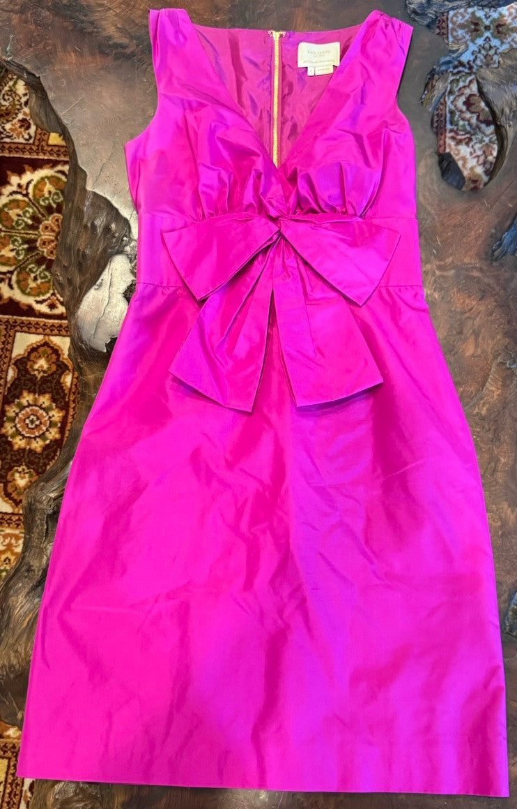 Kate Spade Fuscia 100% Silk Size 4 Structured Front Plunge & Bow Cocktail Dress