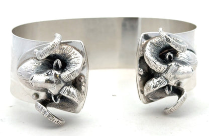 Artisan 925 Sterling Silver Ram's Head Aries Zodiac Statement Open Cuff Bracelet