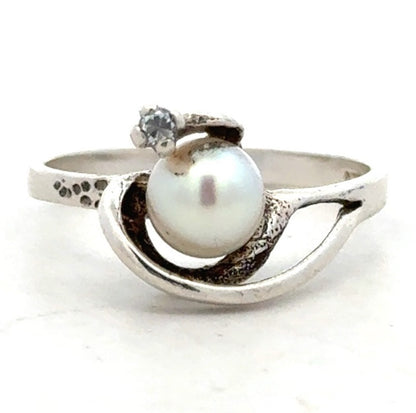 Designer Sterling Silver Pearl Cubic Zirconia Accented Modernist Cocktail Ring