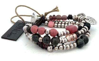 Designer Uno De 50 Agate Glass Metal Charm Beaded Silver Plated Leather Bracelet
