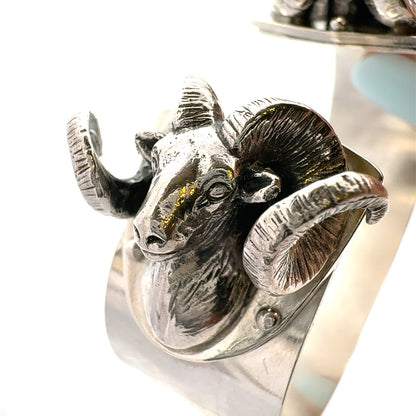 Artisan 925 Sterling Silver Ram's Head Aries Zodiac Statement Open Cuff Bracelet