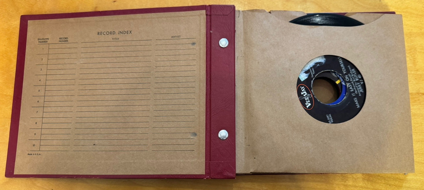 1960's Red Leather RECORDS Book Containing Ten 45 Mixed Artists Vinyl Lot