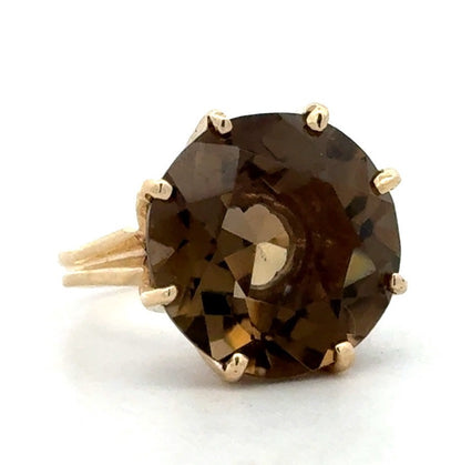 Estate Designer 14K Yellow Gold Round Smoky Topaz Solitaire Statement Ring