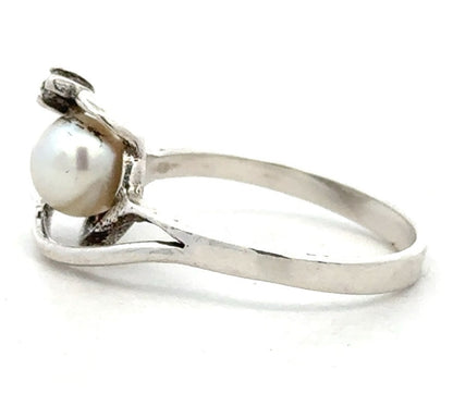 Designer Sterling Silver Pearl Cubic Zirconia Accented Modernist Cocktail Ring