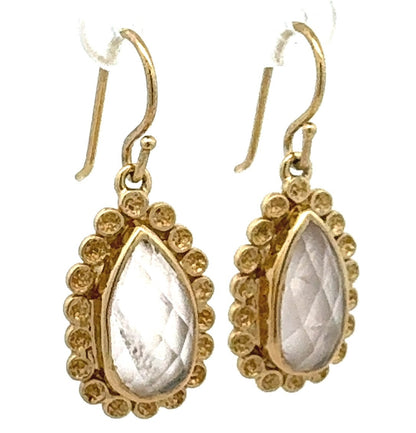Designer Melinda Maria Gold Tone Cushion Moonstone Pear Teardrop Dangle Earrings