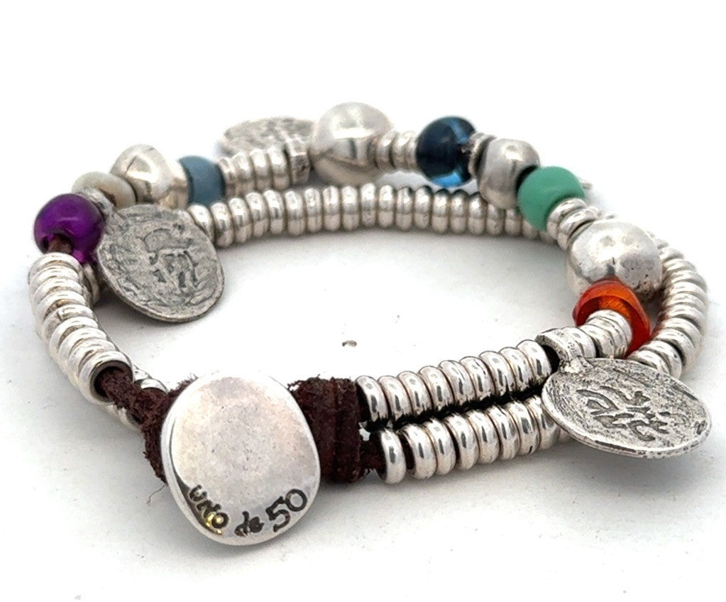 Designer Uno De 50 Multicolored Beaded Silver Plated Two Strand Charm Bracelet