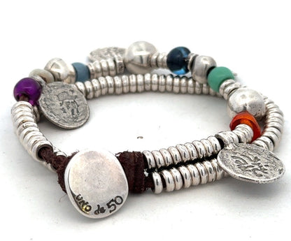 Designer Uno De 50 Multicolored Beaded Silver Plated Two Strand Charm Bracelet