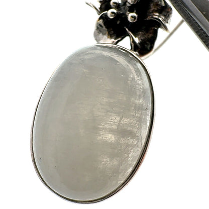 925 Sterling Silver Oval Moonstone Flower Hook Dangle Earrings