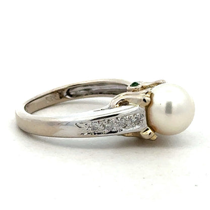 Designer 14K White Yellow Gold Diamond Emerald Pearl Solitaire Anniversary Ring