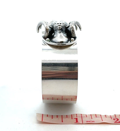 Artisan 925 Sterling Silver Ram's Head Aries Zodiac Statement Open Cuff Bracelet