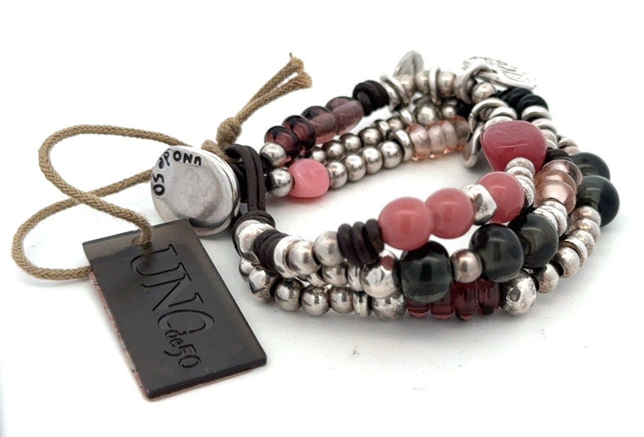 Designer Uno De 50 Agate Glass Metal Charm Beaded Silver Plated Leather Bracelet