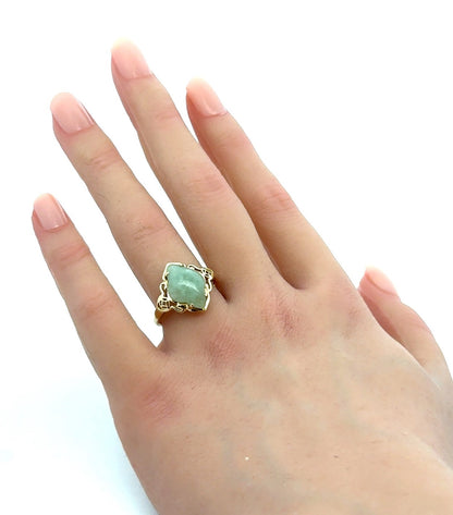 Designer 14K Yellow Gold Clover Green Jade Open Work Ring