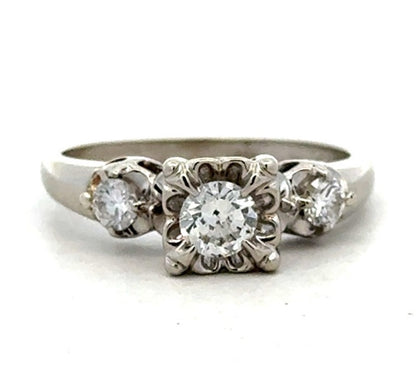 Estate 14K White Gold Round Square Illusion Set Diamond Trio Engagement Ring
