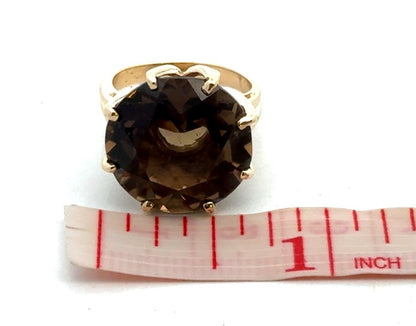 Estate Designer 14K Yellow Gold Round Smoky Topaz Solitaire Statement Ring