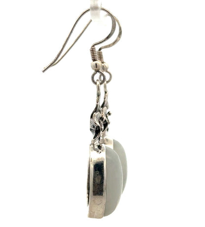 925 Sterling Silver Oval Moonstone Flower Hook Dangle Earrings