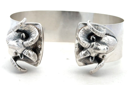 Artisan 925 Sterling Silver Ram's Head Aries Zodiac Statement Open Cuff Bracelet
