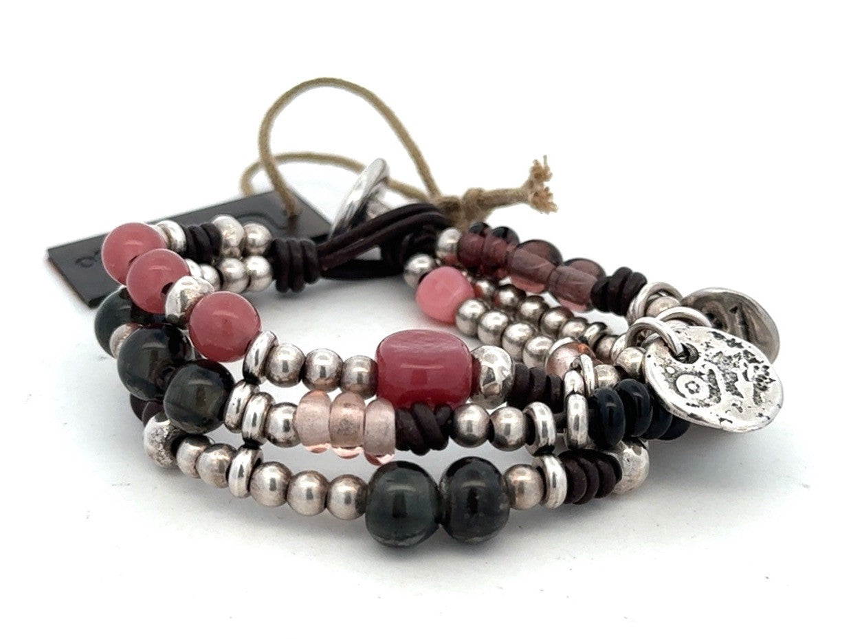 Designer Uno De 50 Agate Glass Metal Charm Beaded Silver Plated Leather Bracelet