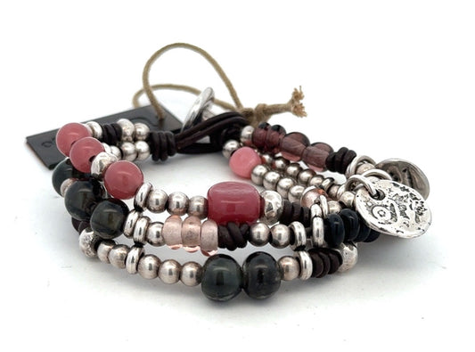 Designer Uno De 50 Agate Glass Metal Charm Beaded Silver Plated Leather Bracelet