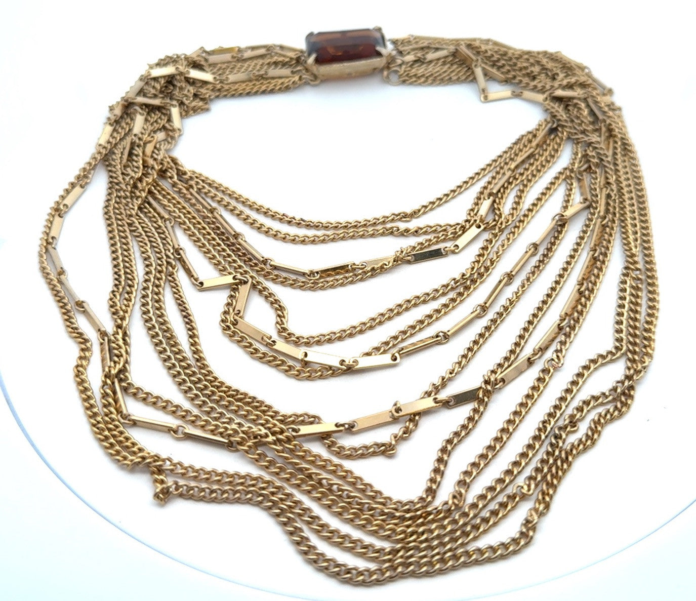 Vintage 1960s Smokey Quartz Gold Toned Multi Strand Layered Necklace