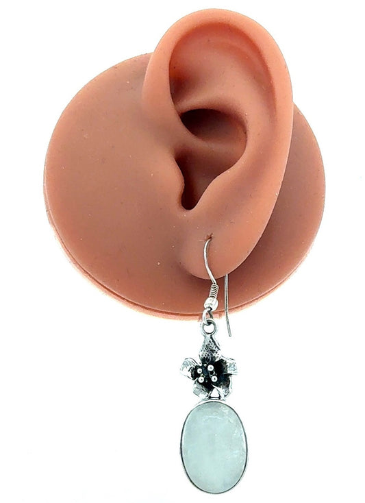 925 Sterling Silver Oval Moonstone Flower Hook Dangle Earrings