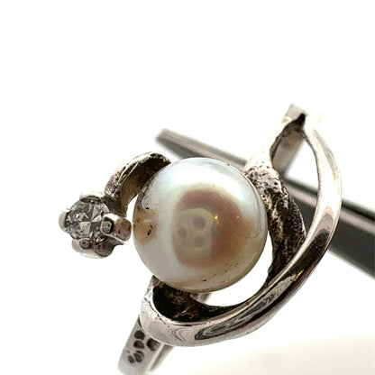Designer Sterling Silver Pearl Cubic Zirconia Accented Modernist Cocktail Ring