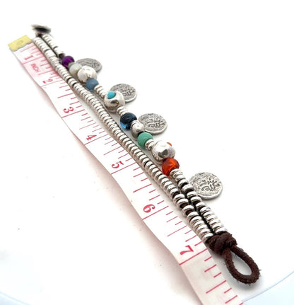 Designer Uno De 50 Multicolored Beaded Silver Plated Two Strand Charm Bracelet