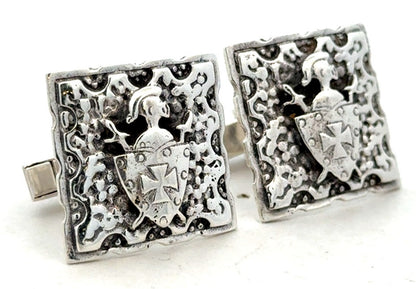 Vintage Embossed Shield 925 Sterling Silver Square Knight Detail Cufflinks