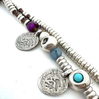 Designer Uno De 50 Multicolored Beaded Silver Plated Two Strand Charm Bracelet