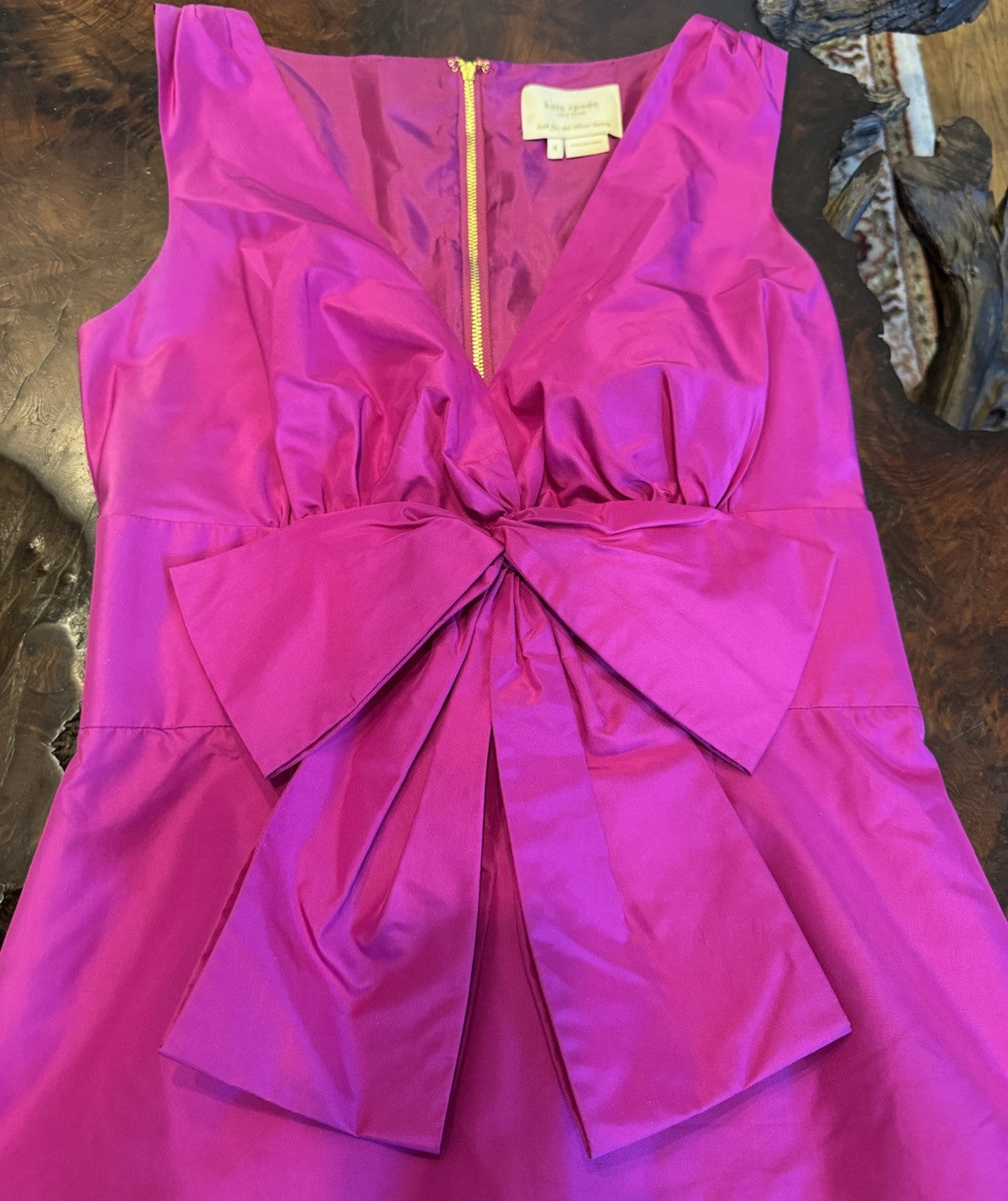 Kate Spade Fuscia 100% Silk Size 4 Structured Front Plunge & Bow Cocktail Dress