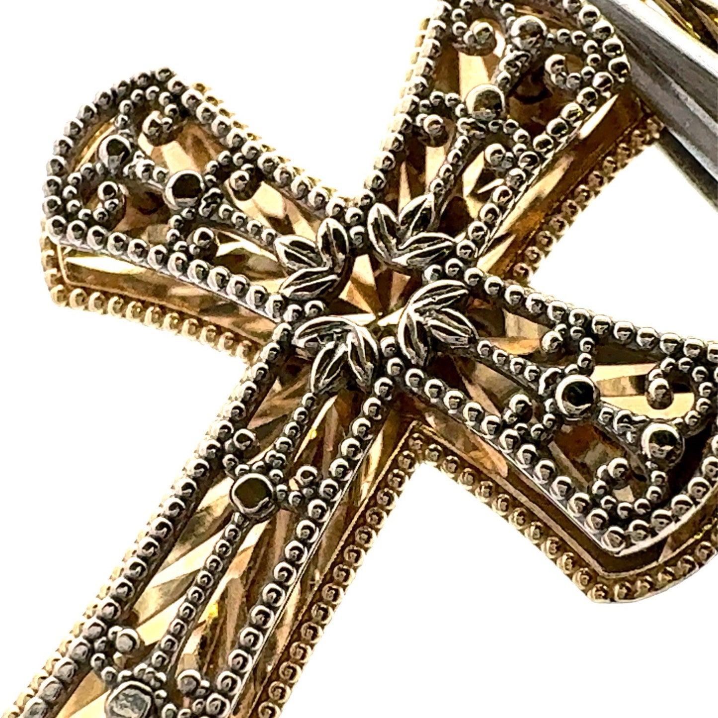 Designer 14K Yellow White Gold Two Tone Open Work Beaded Design Cross Pendant