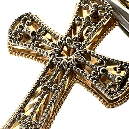 Designer 14K Yellow White Gold Two Tone Open Work Beaded Design Cross Pendant