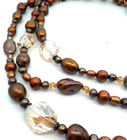 Vintage Bronze Tone Baroque Pearl Crystal Beaded Layering Necklace