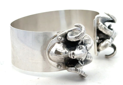 Artisan 925 Sterling Silver Ram's Head Aries Zodiac Statement Open Cuff Bracelet