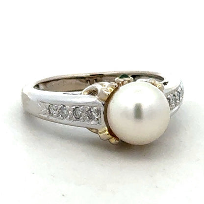 Designer 14K White Yellow Gold Diamond Emerald Pearl Solitaire Anniversary Ring