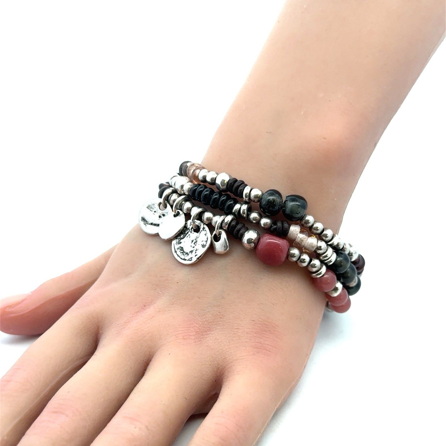 Designer Uno De 50 Agate Glass Metal Charm Beaded Silver Plated Leather Bracelet