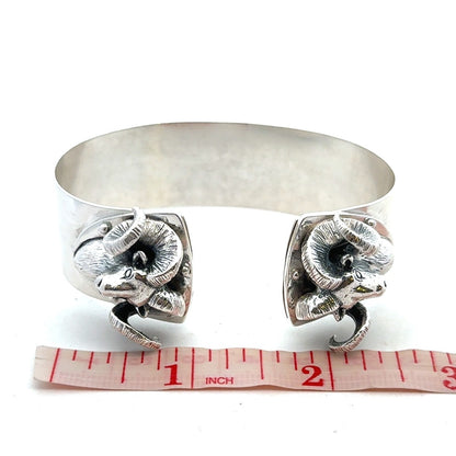 Artisan 925 Sterling Silver Ram's Head Aries Zodiac Statement Open Cuff Bracelet