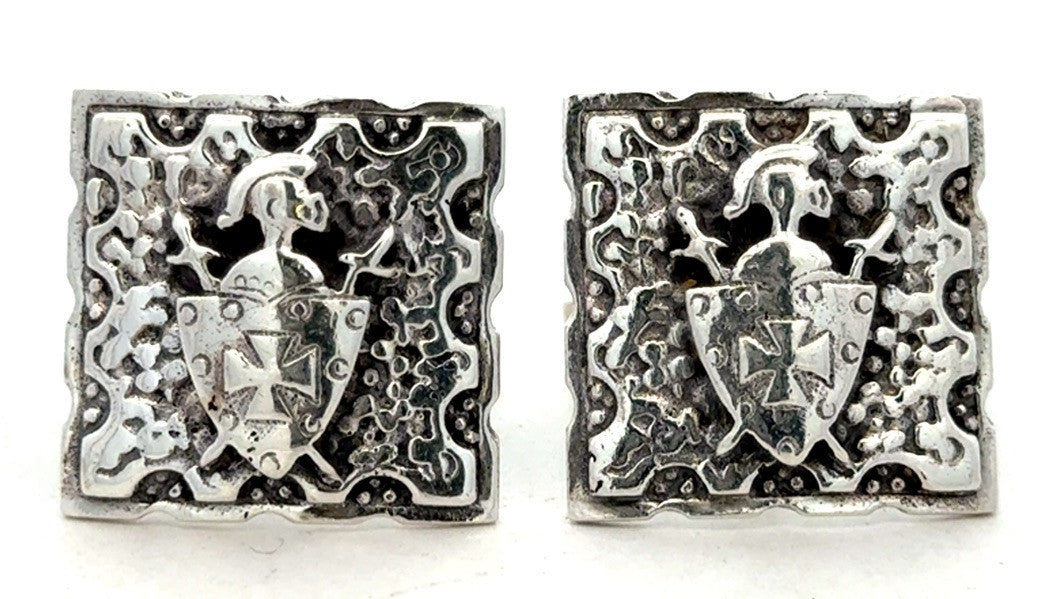 Vintage Embossed Shield 925 Sterling Silver Square Knight Detail Cufflinks