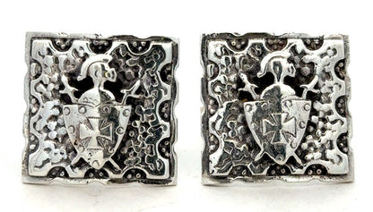Vintage Embossed Shield 925 Sterling Silver Square Knight Detail Cufflinks